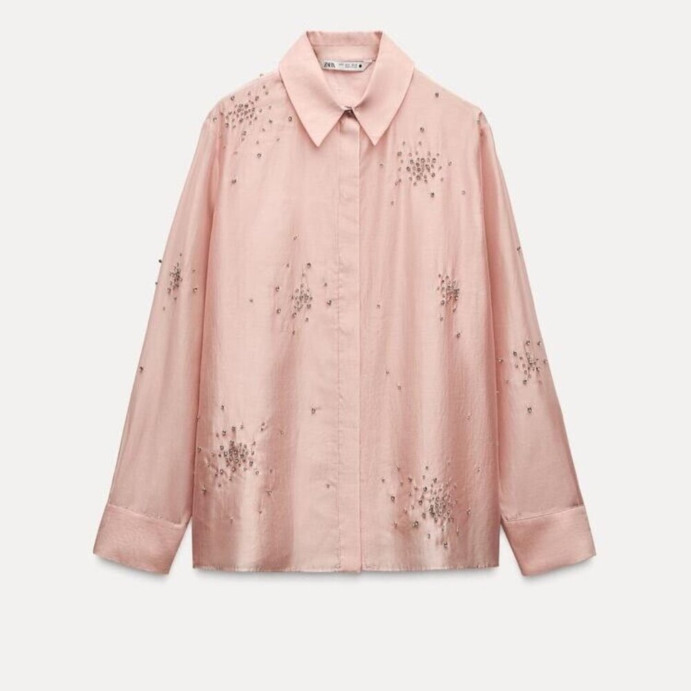 ZARA ZW Collection sz S New Embroidered Shirt Jewels Rhinestones Pastel Pink - Picture 10 of 15